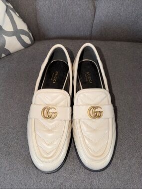 Gucci Cream Leather Quilted Loafers with Gold GG Hardware